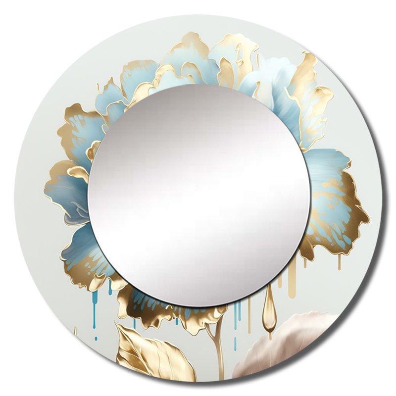 Quinnell Chic Blue Blooming Flower III - grand miroir de fleurs, décor de miroir mural rond bleu unique, impression d'art en métal