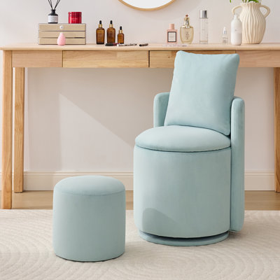 Upholstered Storage Accent Chair With Back Cushion and Ottoman, Velvet Fabric Comfy Barrel 360°Swivel Vanity Chair With Curved Backrest For Makeup Room