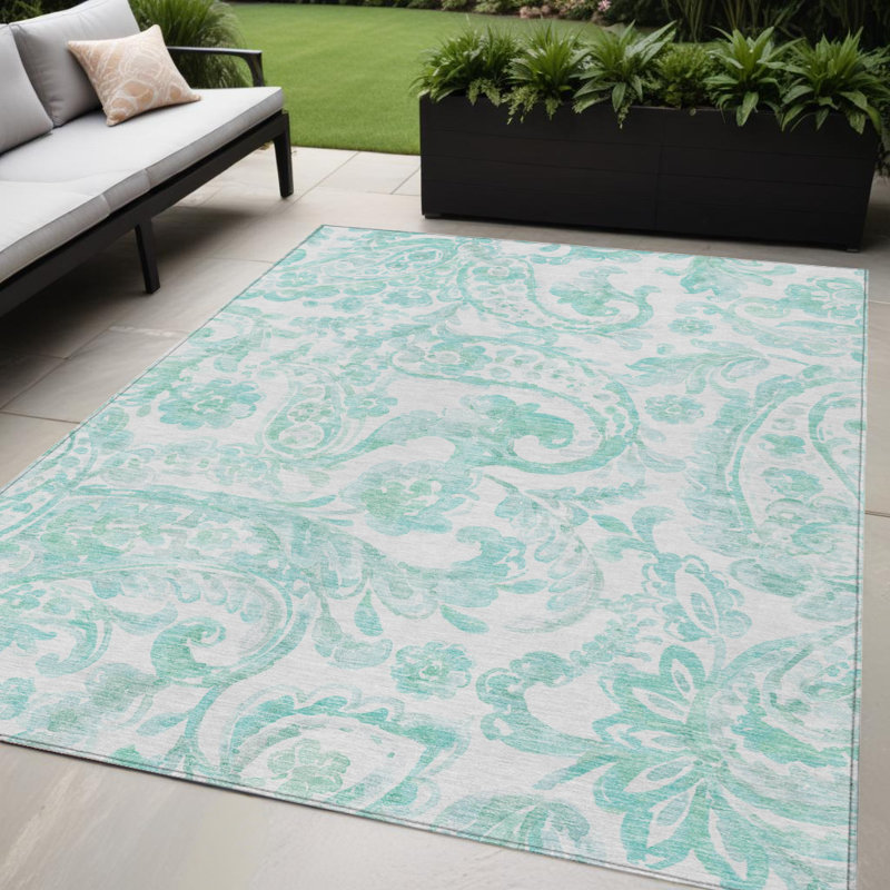Tapis extérieur lavable à motif cachemire turquoise et ivoire 5 pi x 8 pi