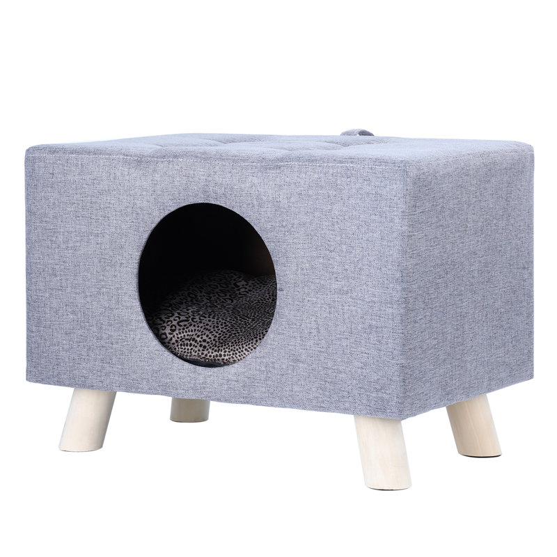 Gray Wood Pet House Bench with Cushion and Mat