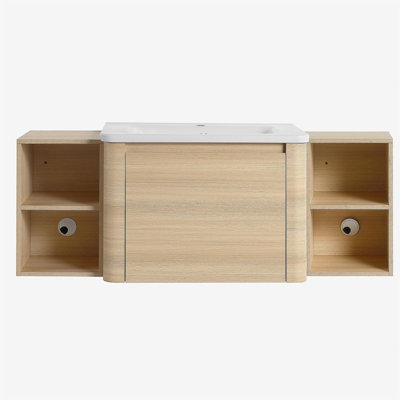 Meuble-lavabo mural 52 po avec lavabo en céramique blanche et 2 tablettes de rangement et 1 porte à fermeture en douceur, emballage KD, contreplaqué, chêne blanc américain