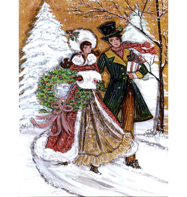 Couple, patinage, hiver, scène, maison, drapeau vertical