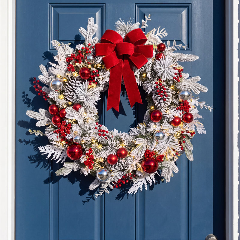 32" Battery-Operated Pre-Lit Adorned Flocked Artificial Wreath
