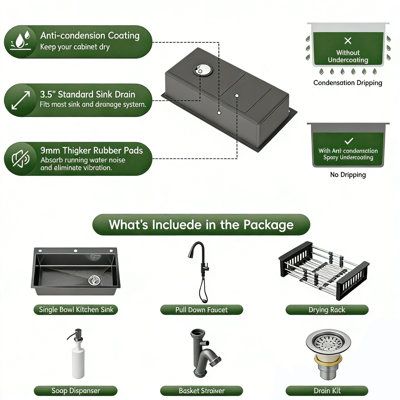 Évier de cuisine 28/30/32 po pour station de travail, évier simple encastré en acier inoxydable à revêtement nano noir SUS304 avec robinet rétractable, égouttoir à vaisselle réglable et ensemble de drainage complet