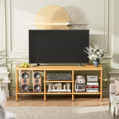 Meuble télé en bambou pour téléviseur de 60 à 65 po, centre de divertissement avec tablettes de rangement ouvertes à 3 niveaux, table de télévision en bois pour le salon ou la chambre à coucher