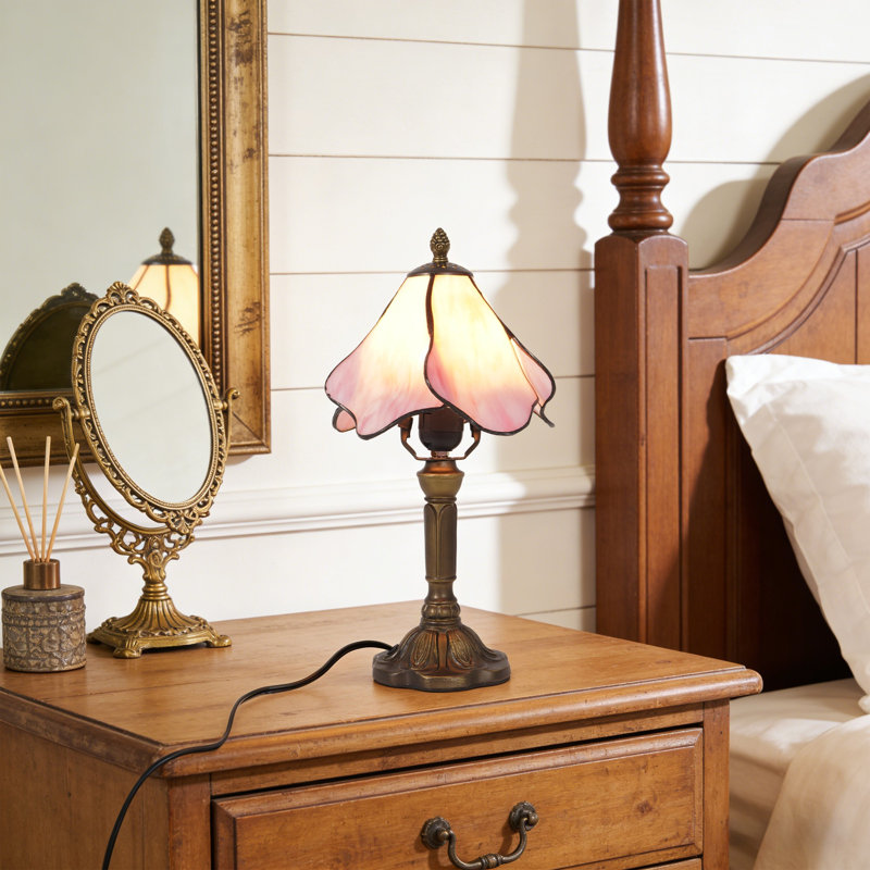 14" Tiffany Style Table Lamp With Floral Stained Glass Shade (Bulb Include)