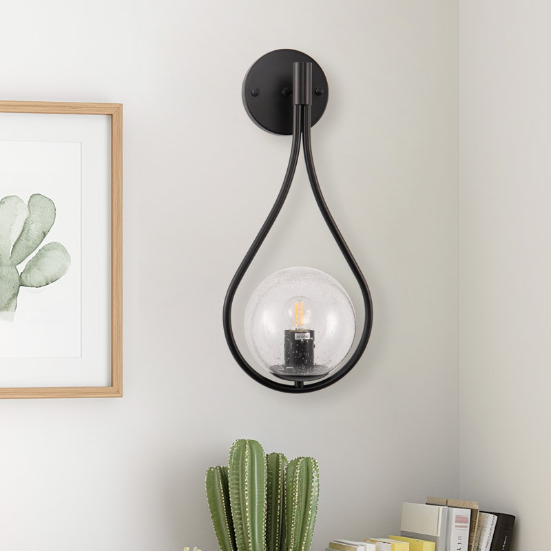 Bakkedahl 1-Light Wrought Iron Armed Sconce with Frosted Glass Shade, Black, Clear