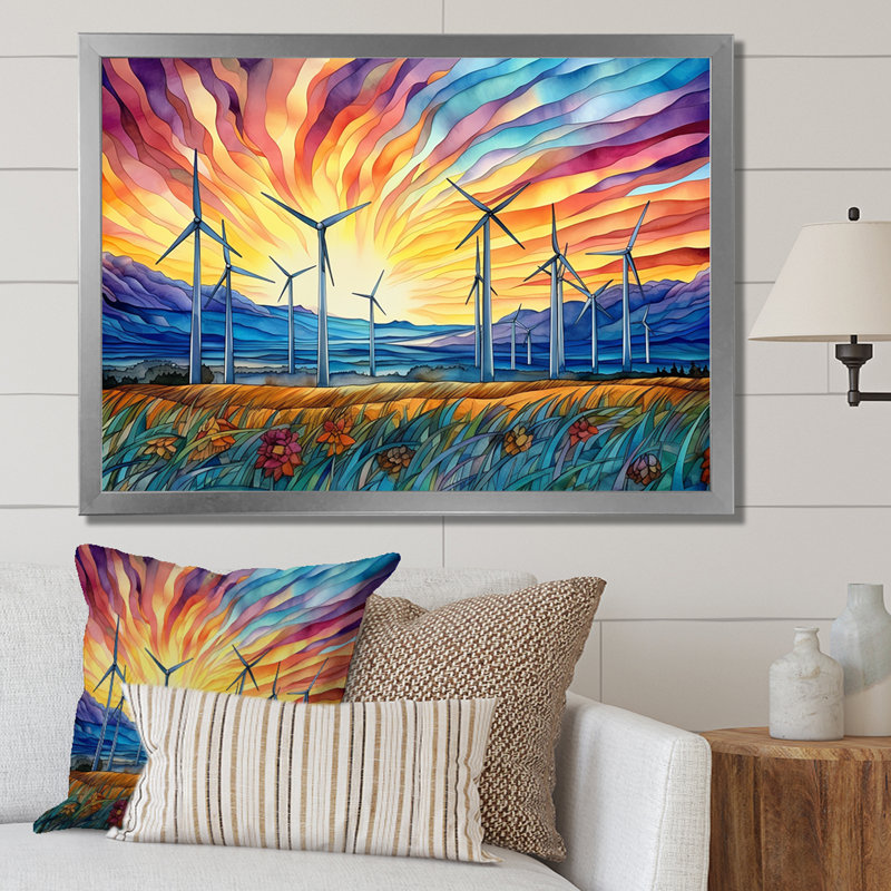 Éoliennes au lever du soleil, H 34 po x l 44 po x P 1,5 po, Cadre simple argenté