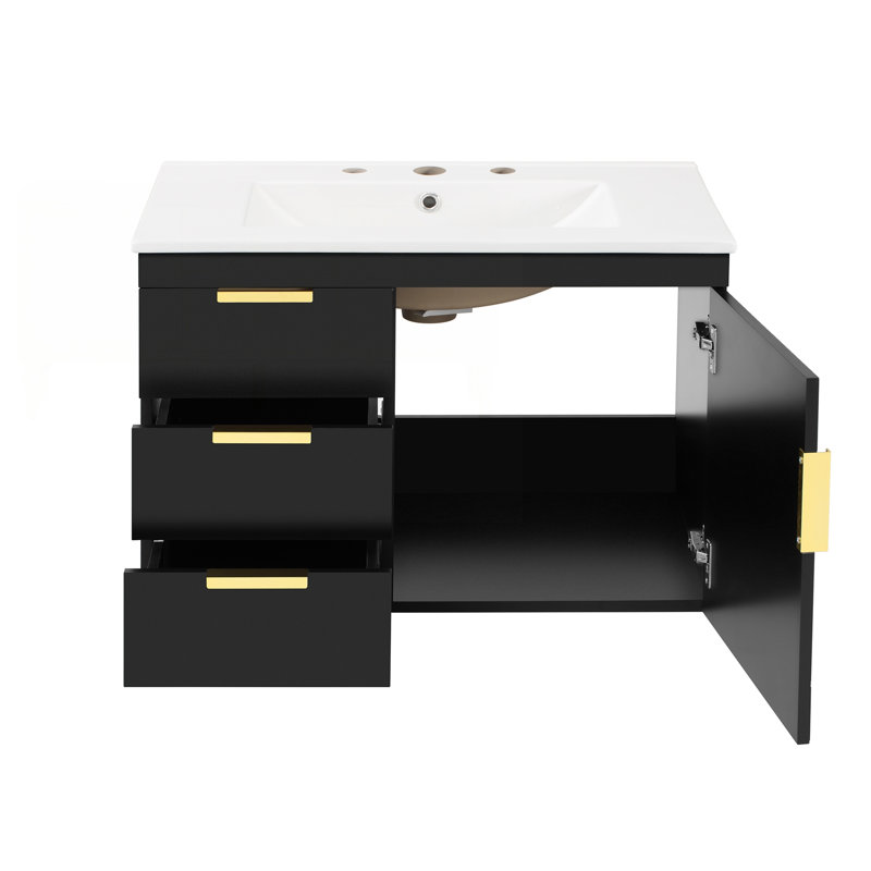 Meuble-lavabo mural de 30 pouces avec lavabo en céramique, portes et tiroirs à fermeture en douceur, design moderne et peu encombrant