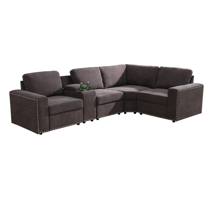 Canapé modulaire rembourré 5 pièces Brookston, Velours côtelé brun