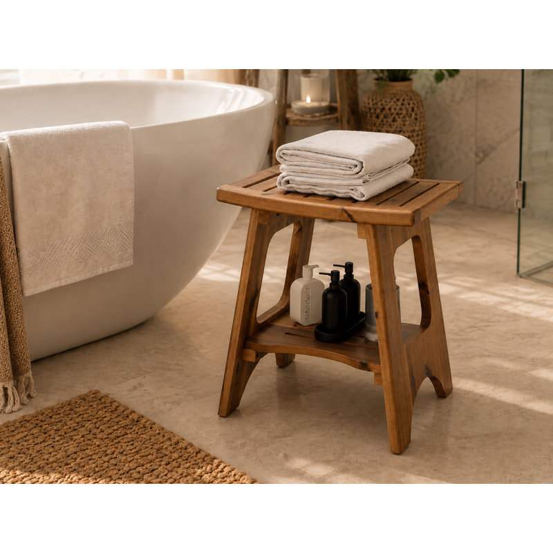 Acacia Wood Shower Bench with Storage Shelf, Waterproof Bathroom Stool, 450 lb. Capacity, Brown