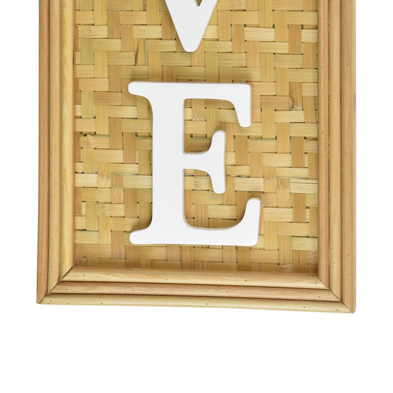 Love Wall Decor Sign with White Text on Brown Woven Wood Background