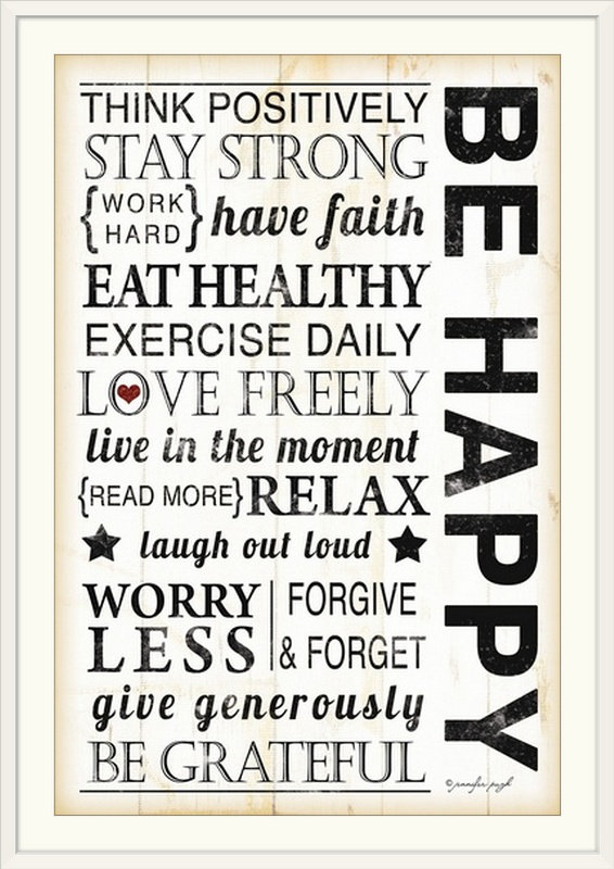 «Be Happy» par Jennifer Pugh, art textuel, Cadre blanc, H 26 po x l 20 po x P 1 po