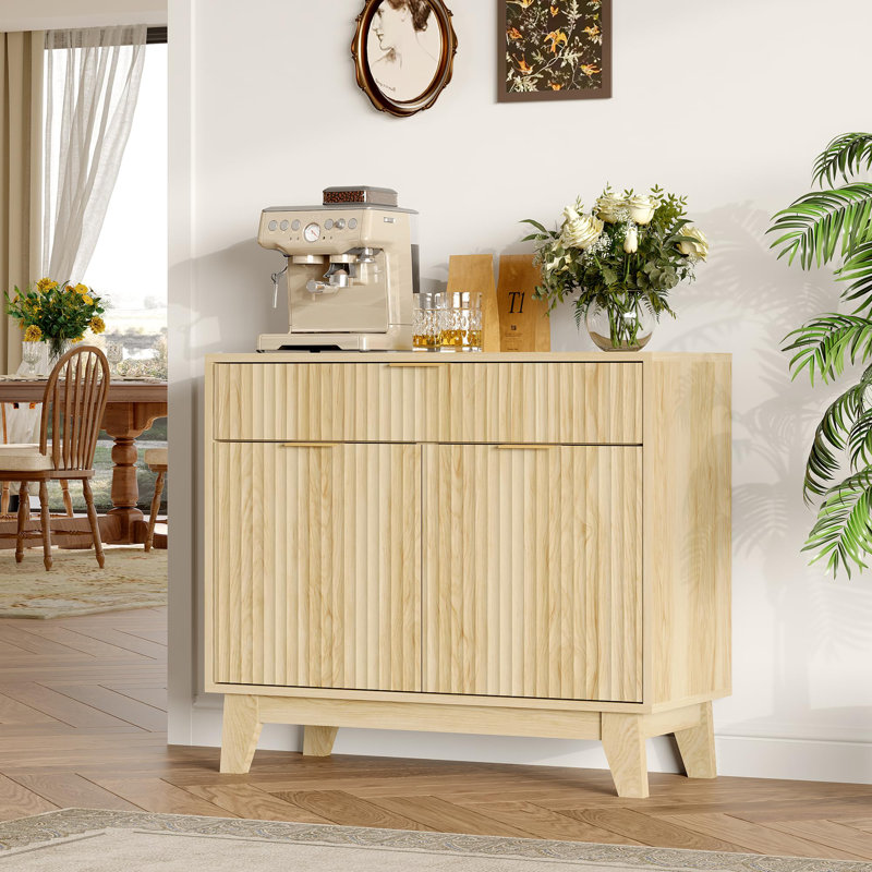 Fluted Buffet Cabinet with Storage, Sideboard Cabinet with Adjustable Shelf and Drawer for Dining Room,  Living Room, Kitchen, Entryway, Natural Oak