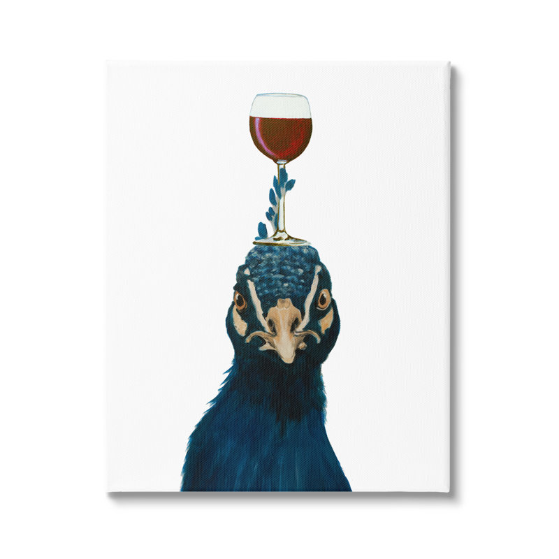 «Quirky Blue Peacock Balancing Wine Glass on Head» par Coco De Paris - Peinture, Toile tendue, H 20 po x l 16 po