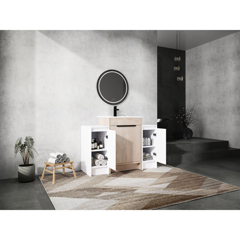 Meuble-lavabo moderne de 48 pouces, lavabo en céramique, 2 compartiments de rangement, porte, meuble-lavabo autoportant blanc brillant avec lavabo et 2