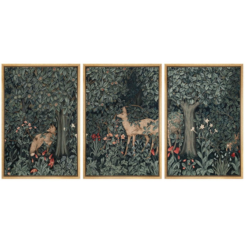 Forêt, cerf et renard dans un décor de chambre d'enfant, reproduction encadrée sur toile pour chambre d'enfant, 3 pièces