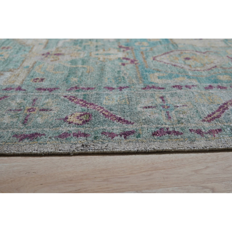 Green Hand-Knotted Silk Faded Turquoise Medallions Tribal Modern Contemporary Carpet Rug, 9' x 12'