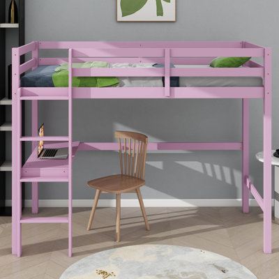 Elevated Twin Rubber Wood Loft Bed With Safety Guardrail Built-In Desk And Ladder
