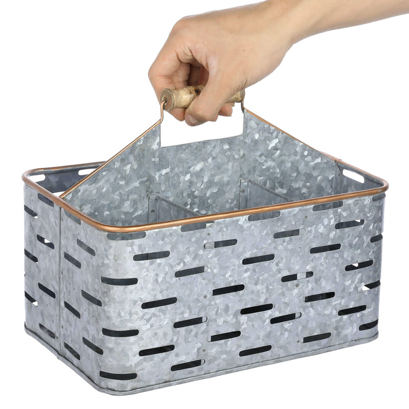 Galvanized Metal Kitchen Utensil Holder Caddy With 2 Compartments, Copper Tone Edges And Rustic Wood Handle