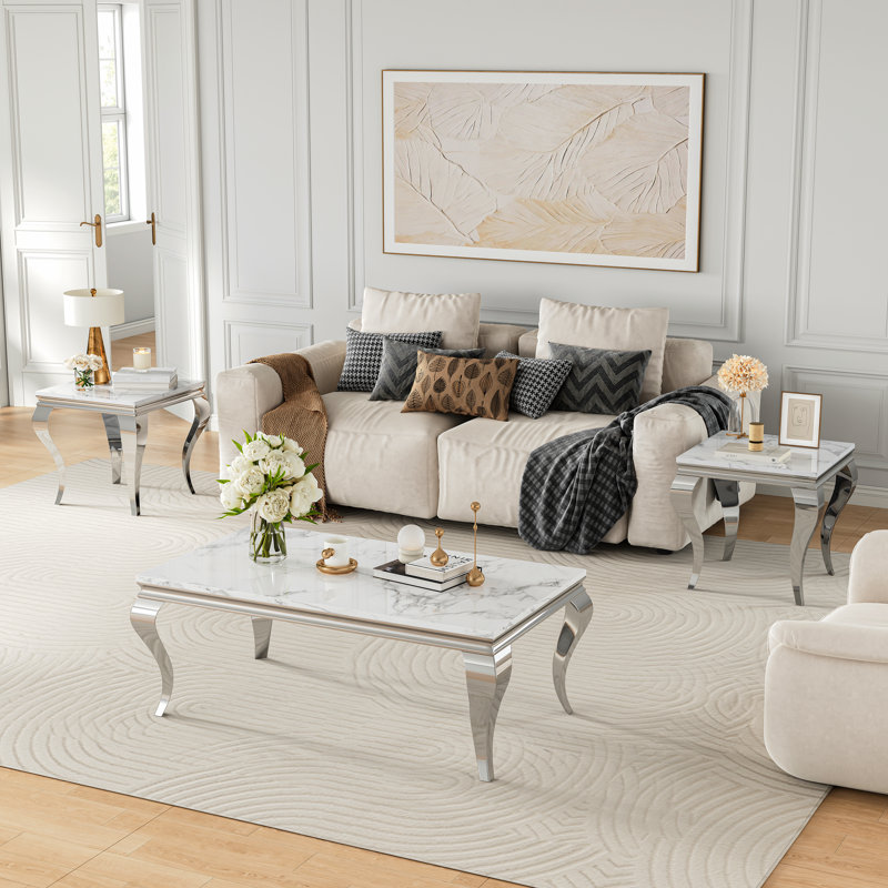 Jairden Living Room Set, S-Shaped Polished Stainless Steel Legs And Faux Marble Tabletop, One Coffee Table And End Tables