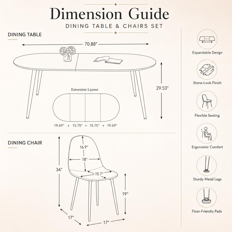 Ensemble de salle à manger extensible 5 pièces avec table en panneau de fibres à densité moyenne et 4 chaises rembourrées en faux suède