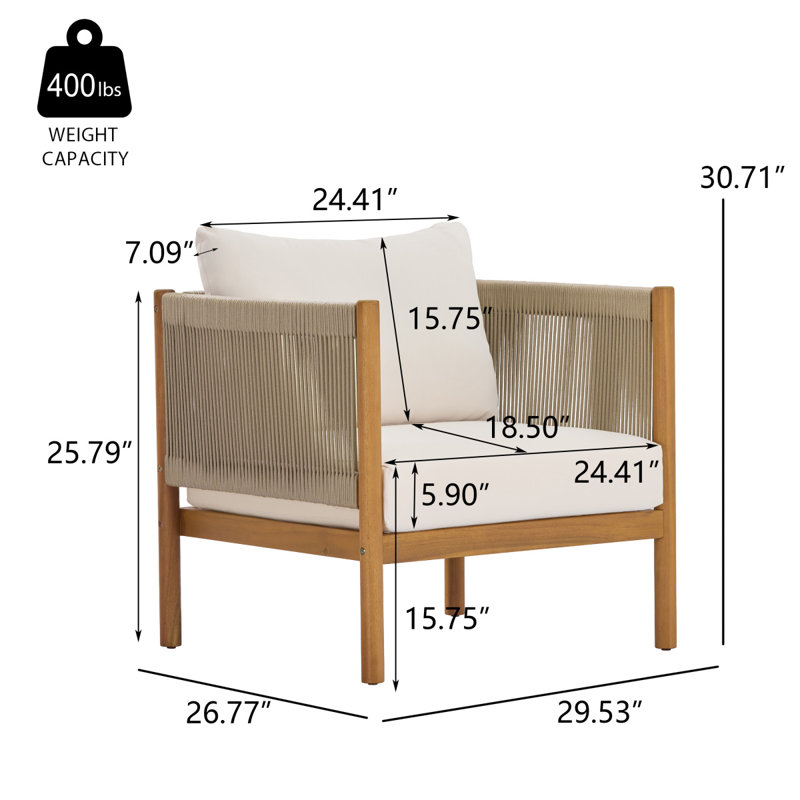 Fauteuil club d'extérieur avec structure en bois d'acacia d'aspect teck, panneaux de corde beige et coussins crème, 1