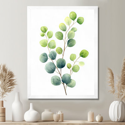 Branches d'eucalyptus à l'aquarelle blanche et verte - Tableau encadré