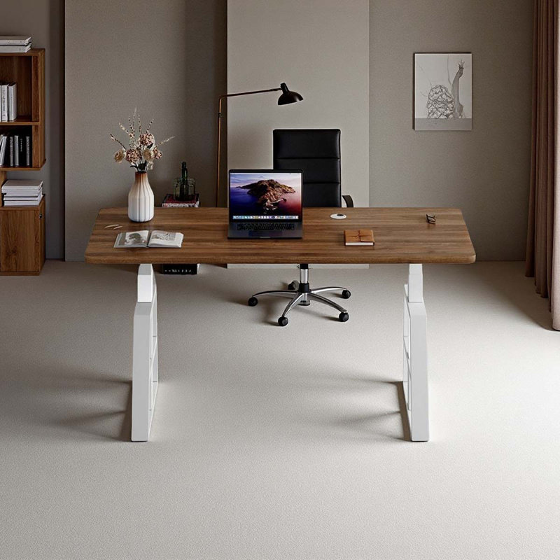 Electric height-adjustable computer desk, 28.74" H x 62.99" W 27.56" D, Nut-Brown/White