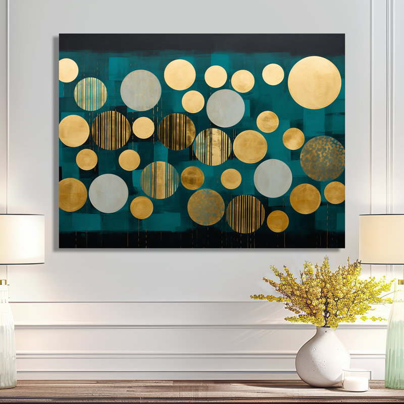 Golden Circles Dance On Teal Blue - Art mural géométrique abstrait, Métal métal, H 24 po x l 32 po x P 1 po