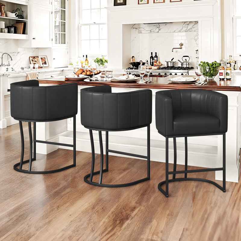 Chyanne 26.4" H Modern Barrel Counter Stools With Backrest & Arms - Upholstered Kitchen Island Stools, Metal Legs, Waterproof Fabric