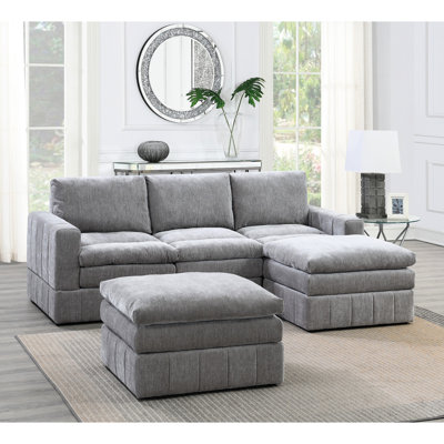 5Pc Sectional Furniture - Grey Color, Classic Look, Triple Layer Cushion Contemporary Suede Upholstery, Modern Style, Color