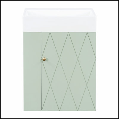 Meuble-lavabo moderne de 20 pouces avec lavabo en céramique, porte à motif de losanges, poignée dorée et tablettes de rangement latérales pour petits espaces
