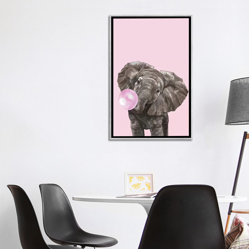 Art d’éléphant de gomme à bulles, H 40 po x l 26 po x P 1,5 po, Toile avec cadre argenté