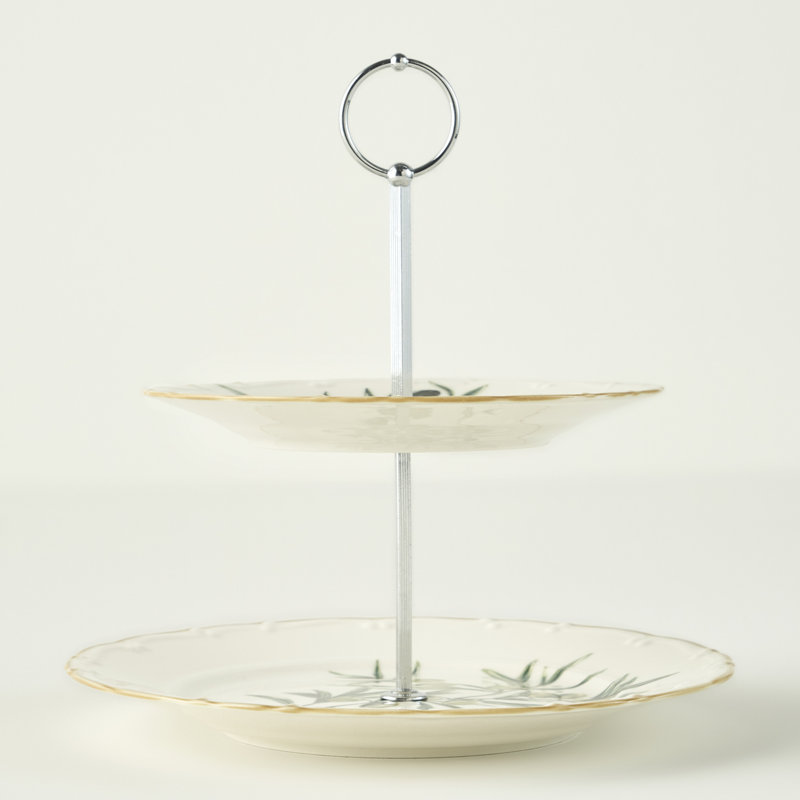 Support de service en porcelaine olive à 2 niveaux