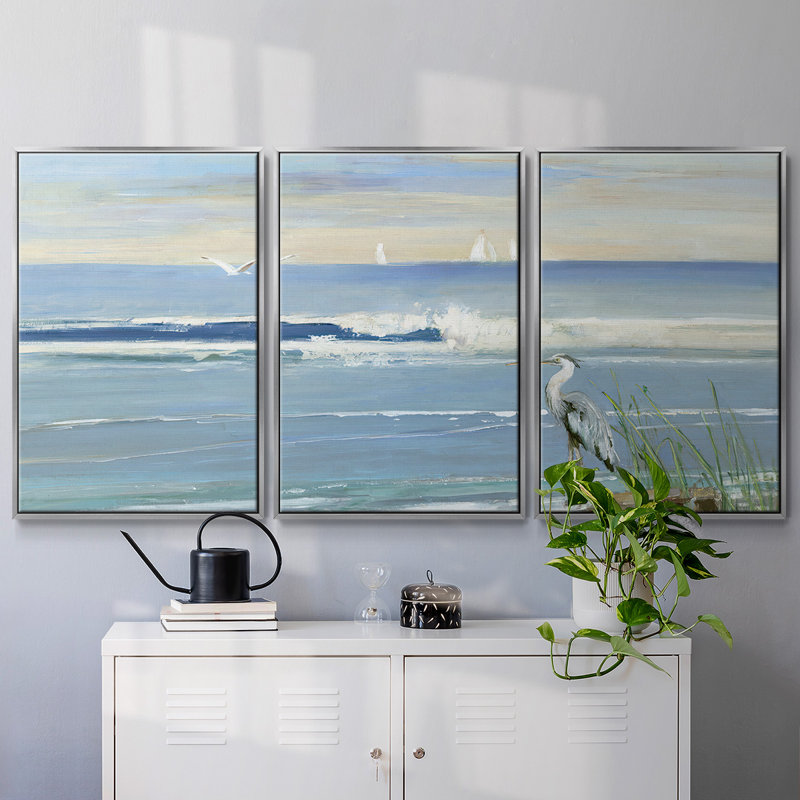 Sunrise Bay - 3 pièces, reproduction sur toile, H 36 po x l 75 po x P 2 po, Argent