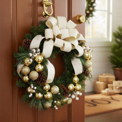 Holiday Wreath with Cream and Gold Ribbon, Ornaments and Berries Wreath