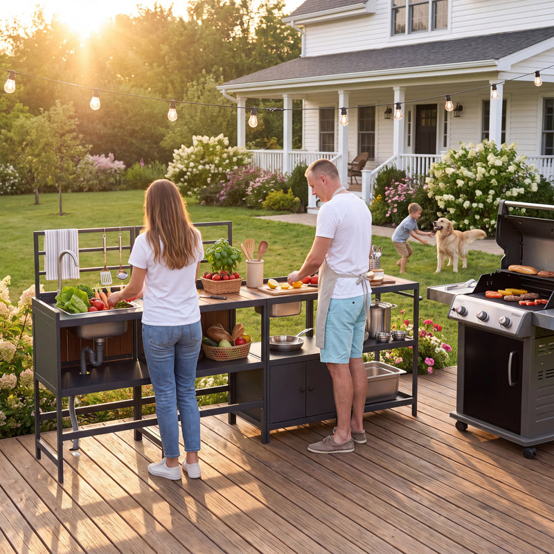 Ensemble îlot de cuisine extérieure en aluminium antirouille 4 pièces avec évier et armoires de patio modulaires