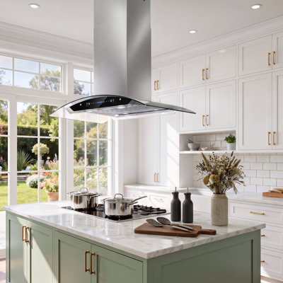 Terisitar 29.3 " W Glass and Stainless Steel 600 CFM Ducted (Vented) Island Range Hood with Baffle Filter