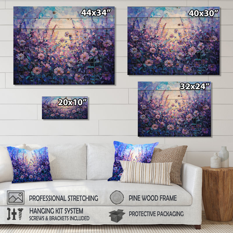 Décoration murale lavande couleurs champ de fantaisie II - marguerites sur bois de pin naturel, H 34 po x l 44 po x P 0,78 po