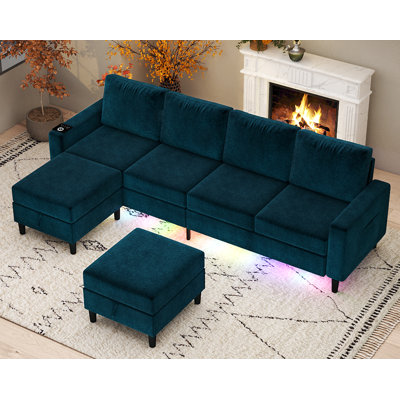 6 Seat Chenille Sectional Sofa With Smart Module-Wireless Charging/Usb/Type-C/Rgb Light