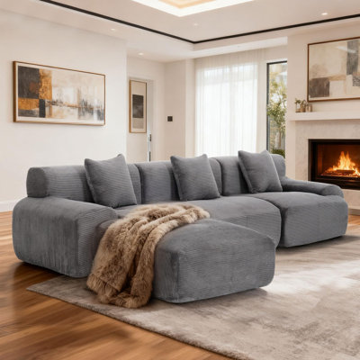 Canapé modulaire 120 po sans os avec repose-pieds modulaire 120 po, canapé-lit modulaire moderne en L à 3 places avec assise profonde, canapé modulaire rembourré pour le salon, sans assemblage requis (gris)