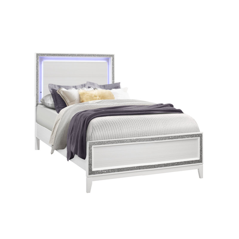 Lit double blanc transitionnel avec garniture de cristal concassé et structure en bois d'hévéa