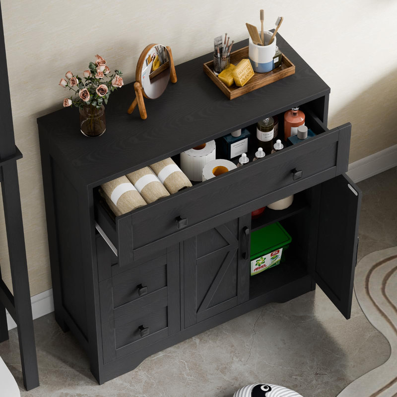 Armoire de rangement Farmhouse avec 2 portes et 4 tiroirs, Pure Black