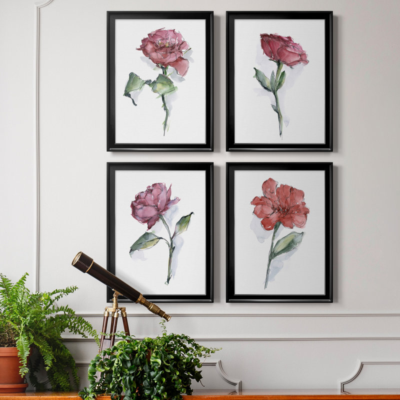 Watercolor Floral Contour I - Ensemble de 4 peintures sur toile encadrées, Cadre noir, H 24,5 po x l 74 po x P 1 po