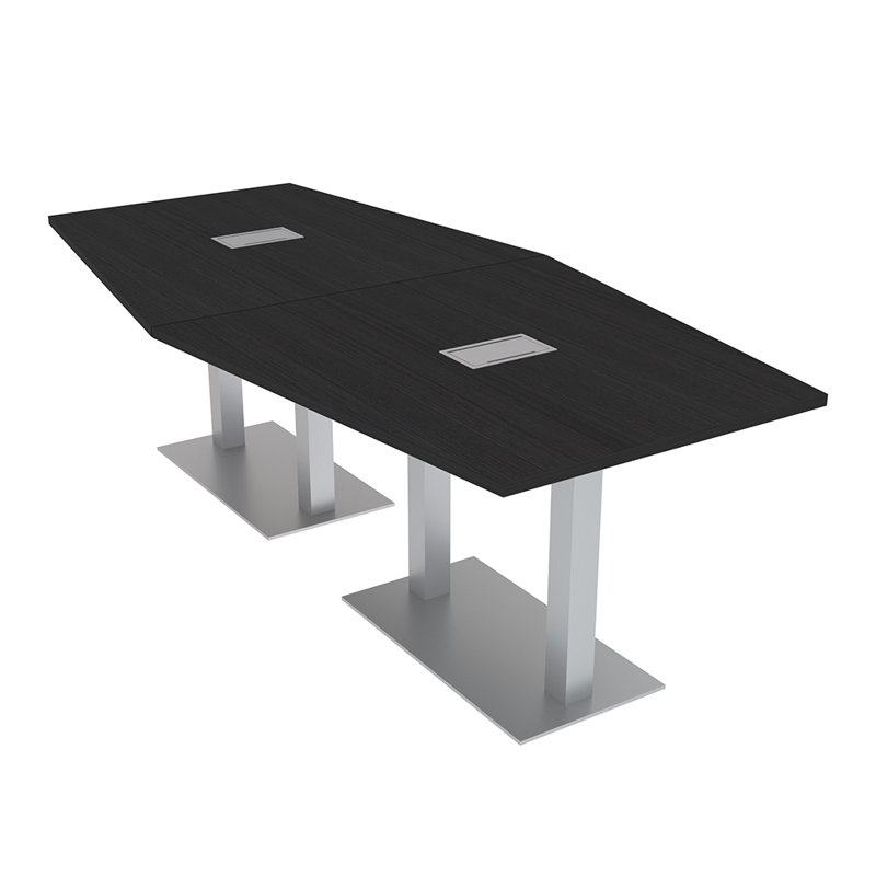Table de conférence hexagonale avec alimentation et données, L 96 po x l 48 po, Cyprès noir, Argent argent