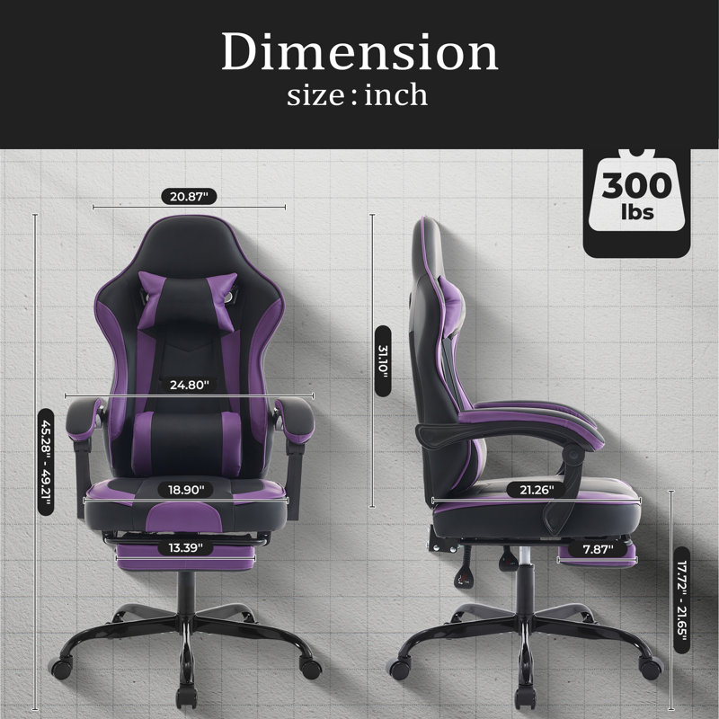 Fauteuil de jeu, fauteuil d'ordinateur ergonomique avec repose-pieds et support lombaire à massage, fauteuil de jeu vidéo pivotant à hauteur réglable pour adultes, capacité maximale de 300 lb