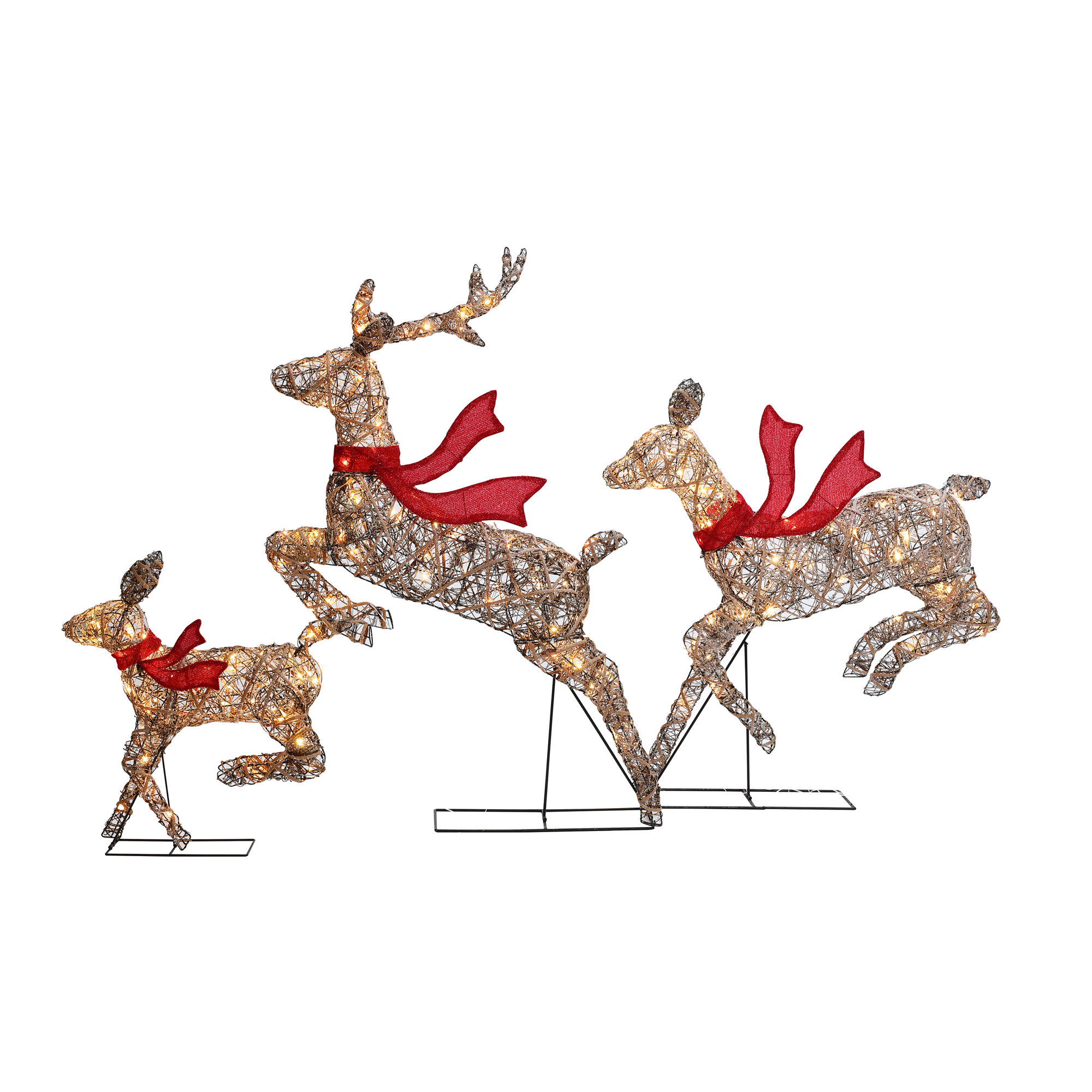 Natural and Rattan Running Reindeer Holiday Decoration Set with Lights, Brown/Red, 52.4in H x 33in W x 18in D