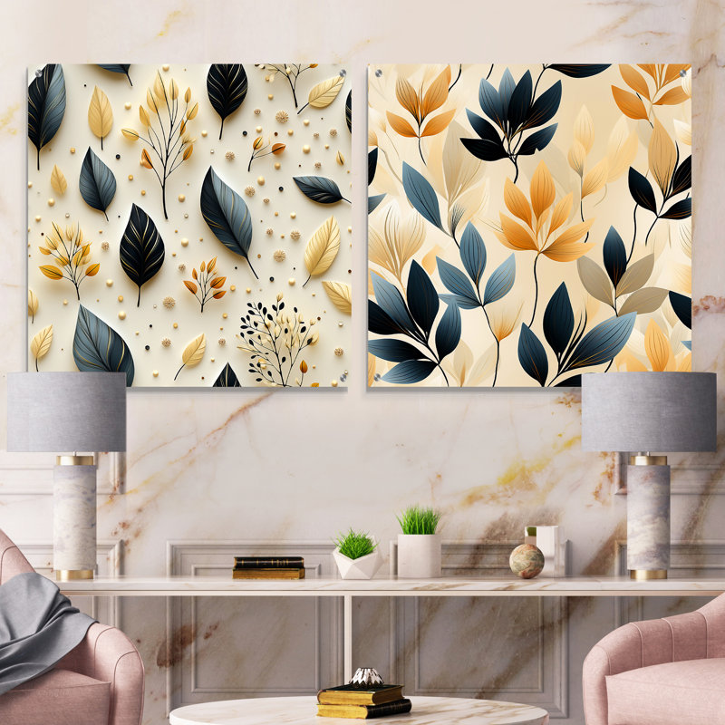 Motifs de feuilles modernes - ensemble de 2 plantes murales en acrylique, H 16 po x l 33 po