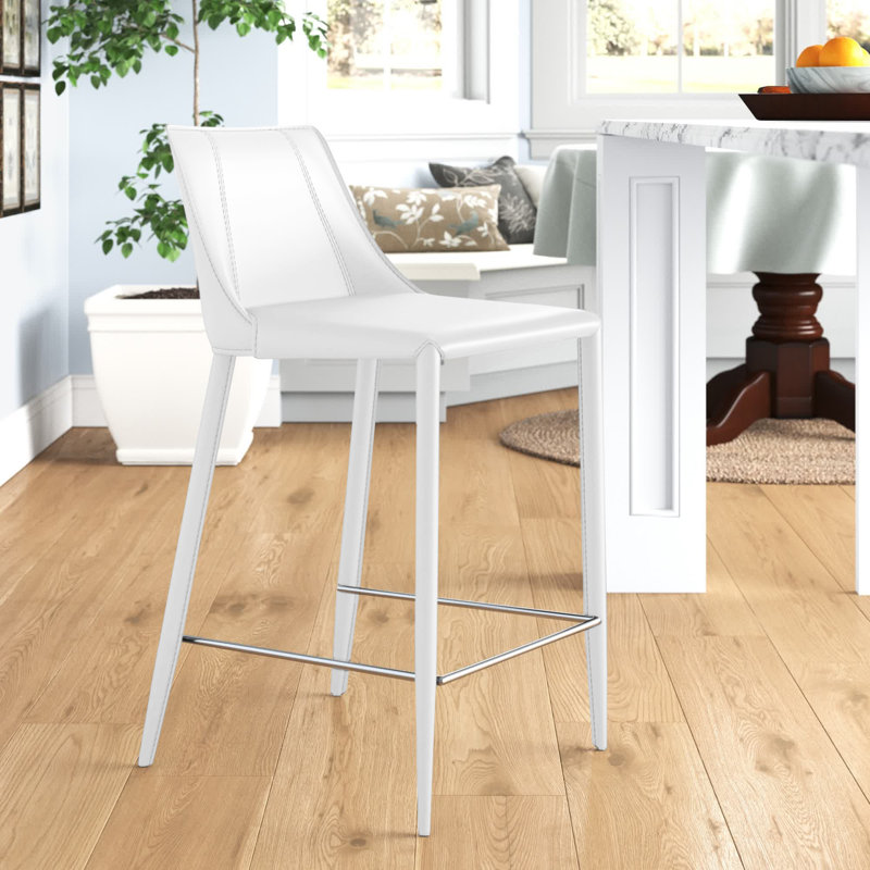 Carramar Upholstered Stool with Metal Frame, White Faux Leather, Counter Stool (26" Seat Height)